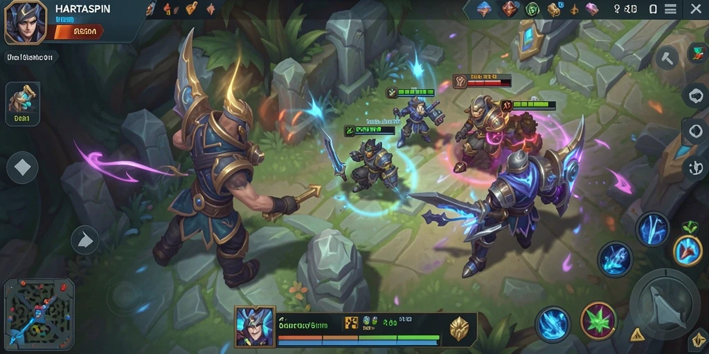 Tampilan gameplay seru di HARTASPIN dengan aksi MOBA yang mendebarkan.