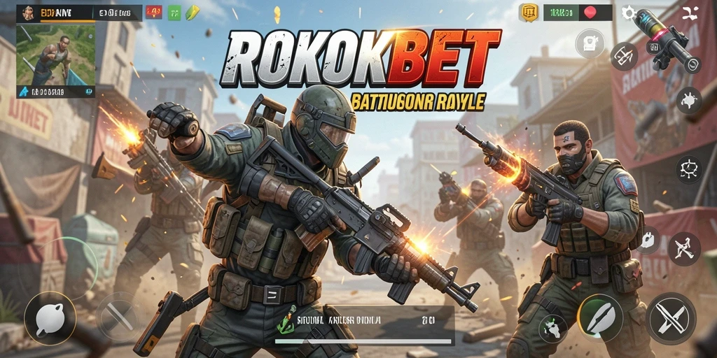 Screenshot ROKOKBET menunjukkan pemain beraksi dalam pertempuran Battle Royale.