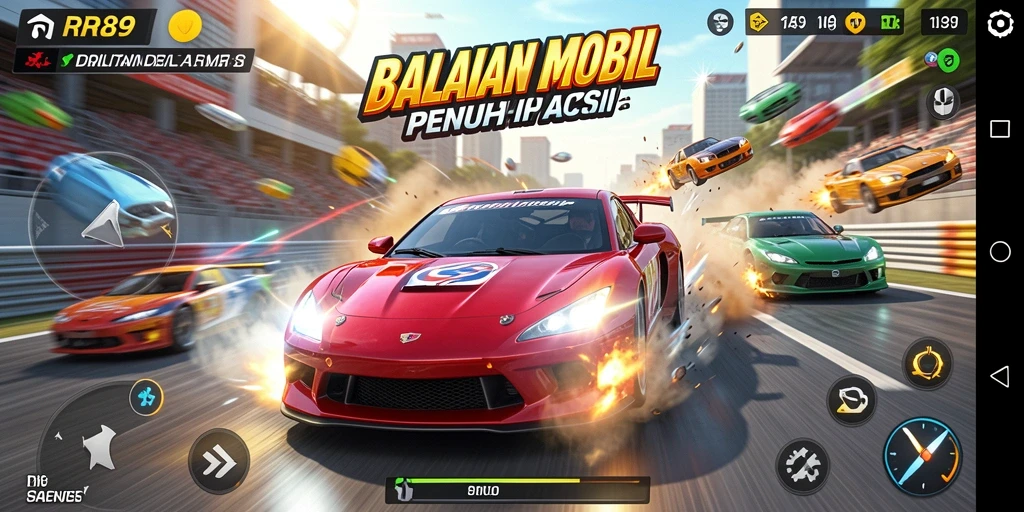 Tampilan gameplay balapan intens di RR89 dengan mobil cepat.